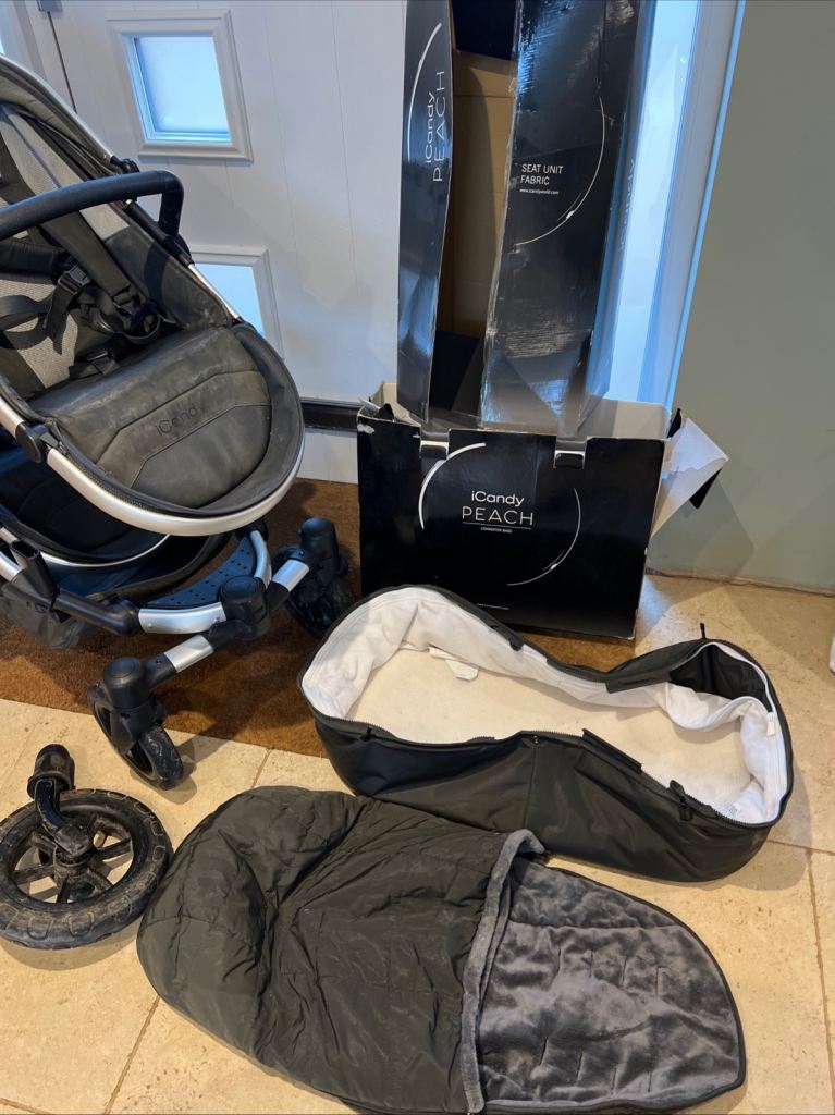 Icandy peach double pram twin seats, carry cot, car seat adapters, rain covers, foot muffs