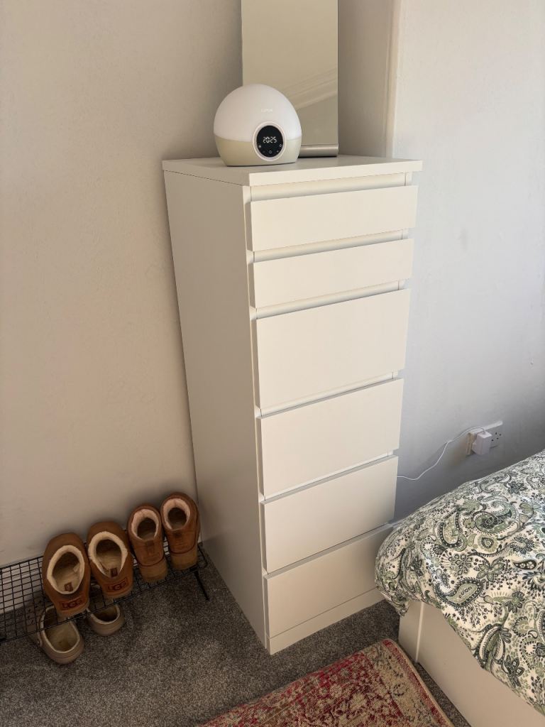 White Tallboy Chest of Drawers with Integrated Mirror