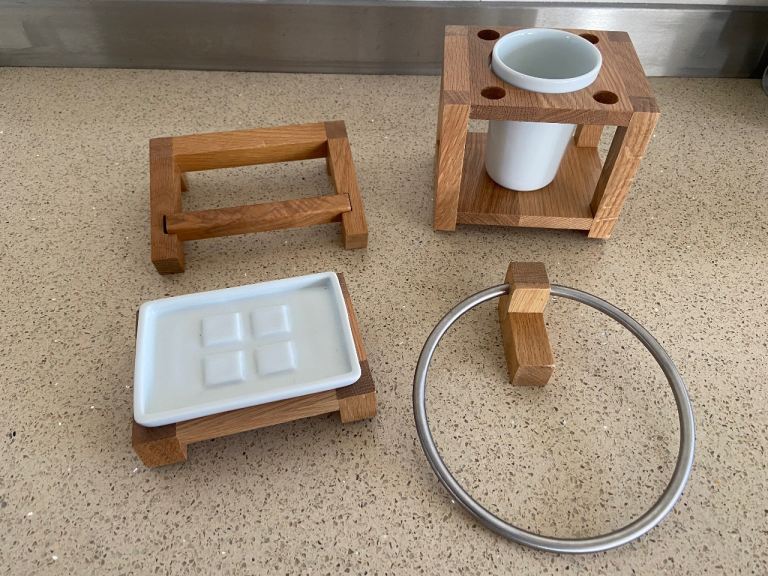 Oak - bathroom accessories including shelves