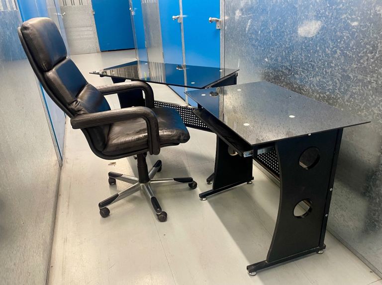 Two Glass Top Office Desks and the Chair