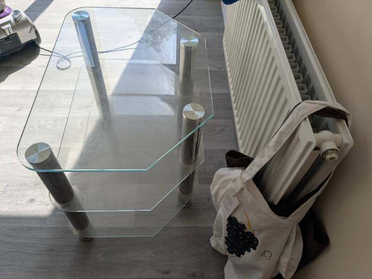 Clear Glass TV Stand with Metal Legs – Good Condition