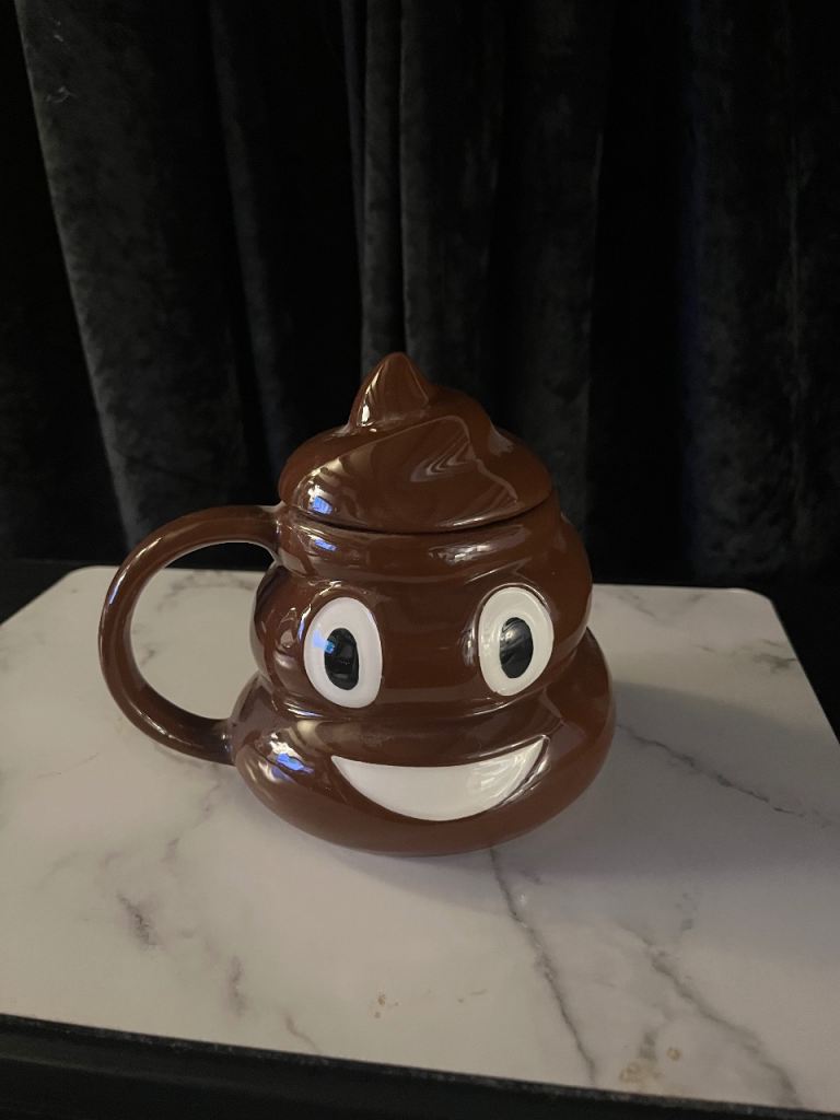 Funny Poop Emoji Mug with Lid - Brown Ceramic, Excellent Condition