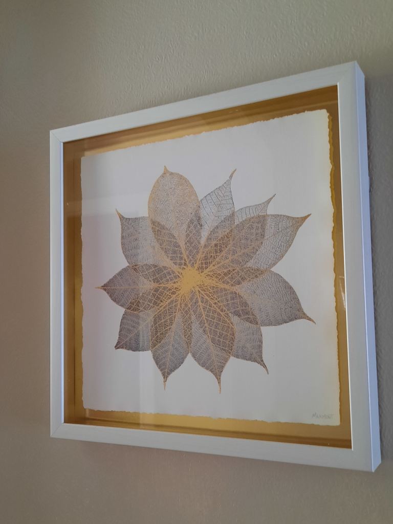 Framed Leaf Art Picture – White Frame, Gold & Silver Leaves