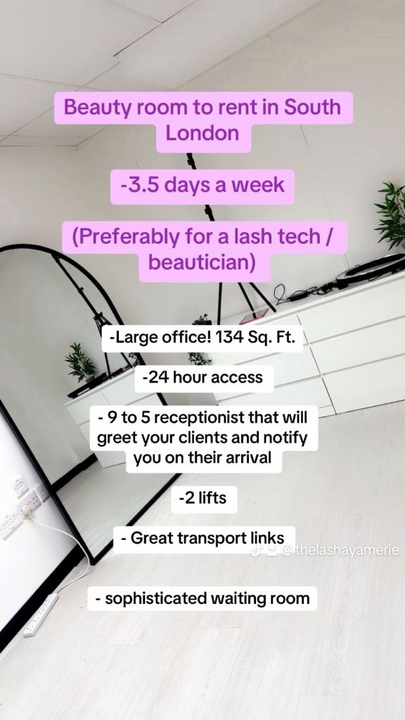 BEAUTY ROOM / STUDIO SPACE AVAILABLE IMMEDIATELY- SOUTH LONDON – £395 PER MONTH