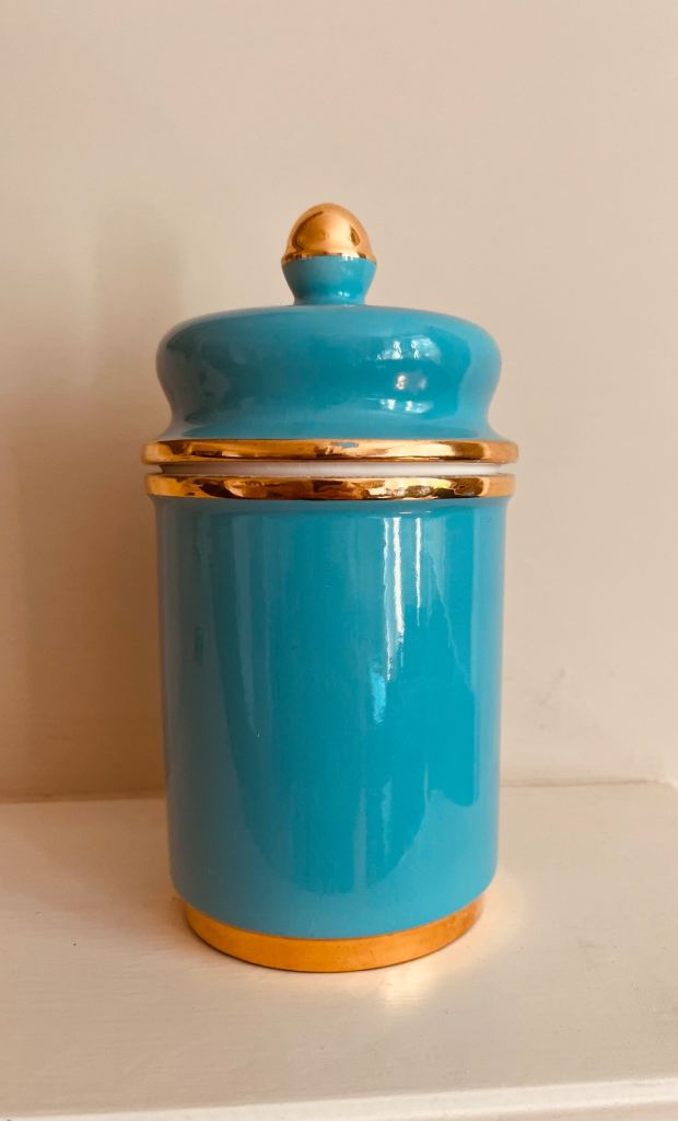 Mid-century/Art Deco style Crown Devon turquoise with gold trim ceramic decorative pot with lid
