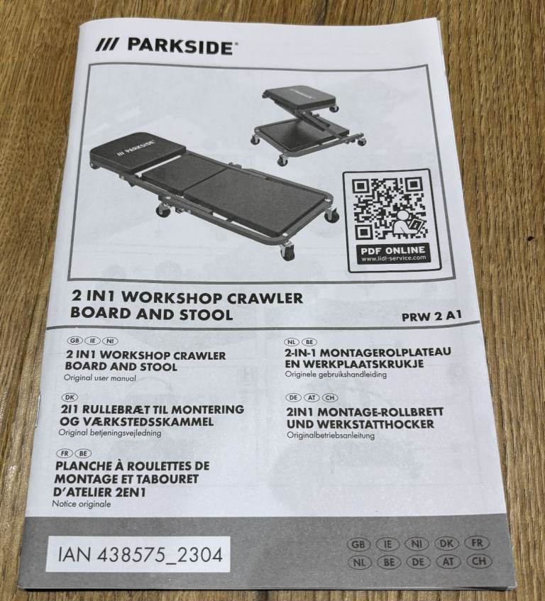 Parkside 2 in 1 Foldable Workshop Crawler/Creeper Board and Stool (150kg Load)