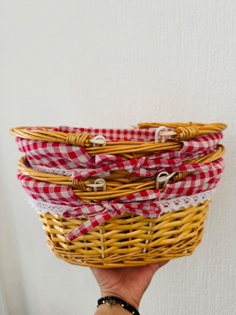 Cute Wicker Basket with Gingham Lining – Good Condition