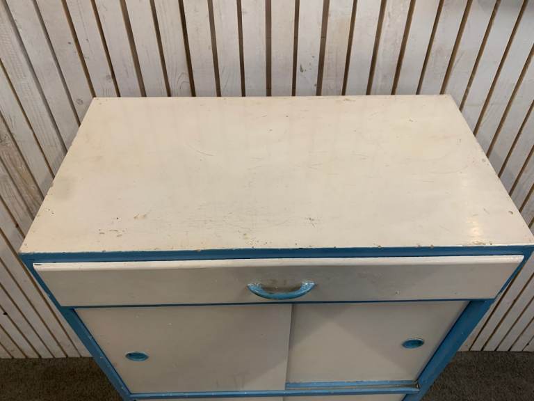 Kitchen Cabinet / Larder. Vintage 1950s in White +Blue Edge (Restoration Work Required)
