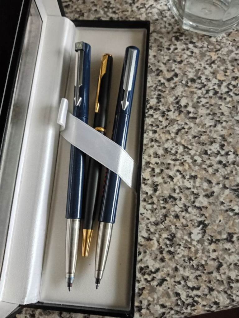 Parker Pen Set - Two Blue Ballpoints, One Gold Fountain Pen