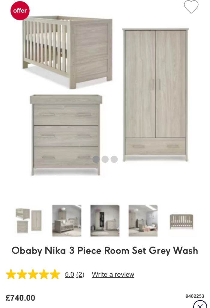 Obaby Nika 3 Piece Nursery Furniture Set – Grey Wash