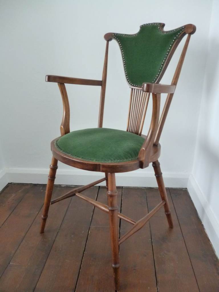 Vintage Wooden Armchair with Green Velvet Upholstery