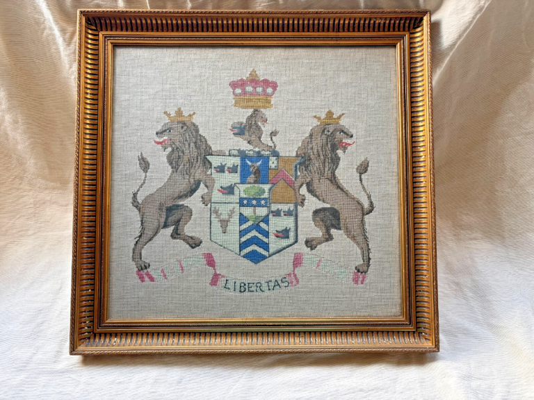 ANTIQUE HERALDIC WOOL NEEDLEPOINT EMBROIDERED COAT OF ARM LIBERTAS