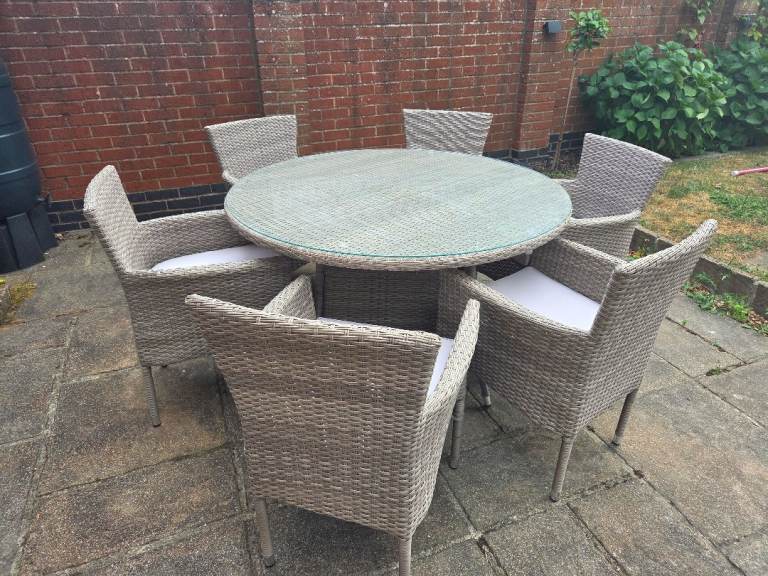 Brand New Round Rattan Garden Dining Table with Glass Top