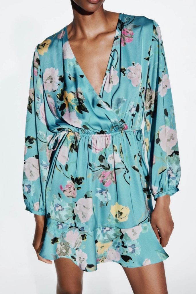 Size M | Zara Blue Floral Print Dress With Belt Short wrap dress long sleeves