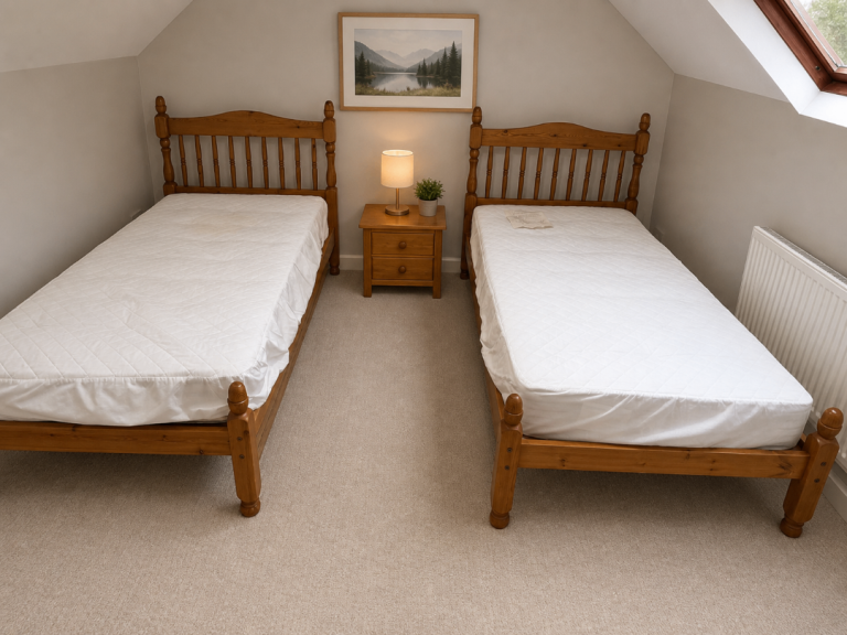 Two single beds with mattresses and set of draws 