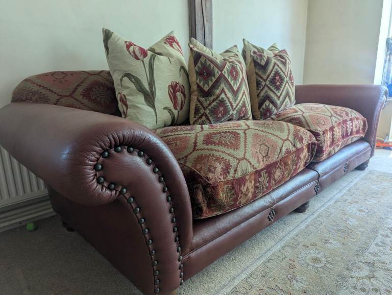 Large Tetrad Eastwood leather and kilim fabric sofa.