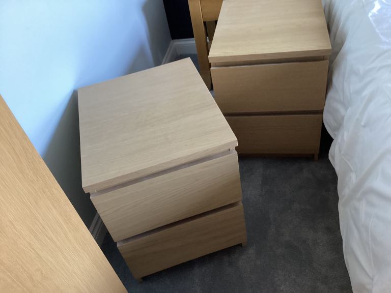 Two IKEA white stained Oak Veneer bedside cabinets