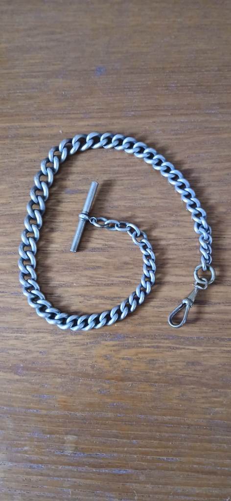 vintage graduated chunky silver plated pocket watch chain t bar & dog clip