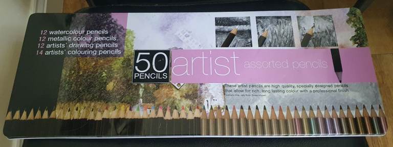 50 Pencils Artist Watercolour Metallic Colour Drawing Colouring In Tin
