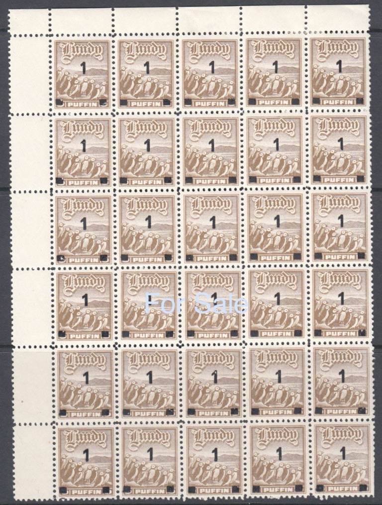 Lundy Island Puffin Stamps 1969 1p on 9p Black Overprint Full Pane