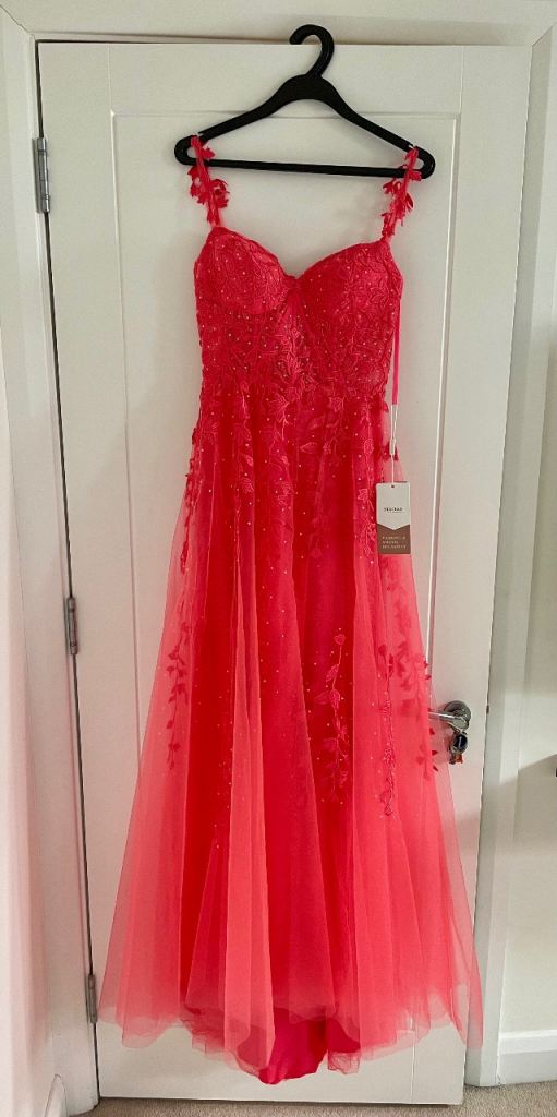 A-line Tulle Dress V Neck Sweep Train with Beading Lace - Brand New - Size UK 4