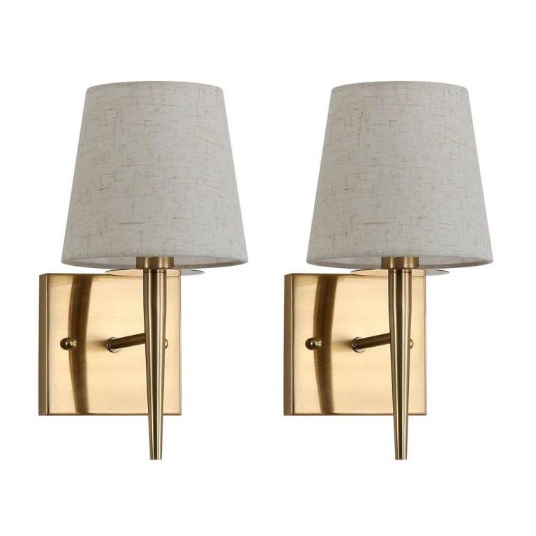 BRAND NEW - Mid-Century Modern Wall Sconce Lighting, Beige Fabric Shade, Antique Gold