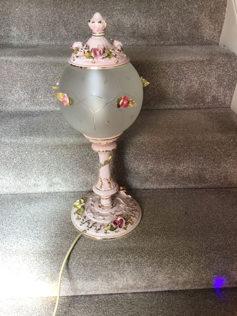Lovely Vintage Bassano Table Lamp in Pink with Floral Decorations