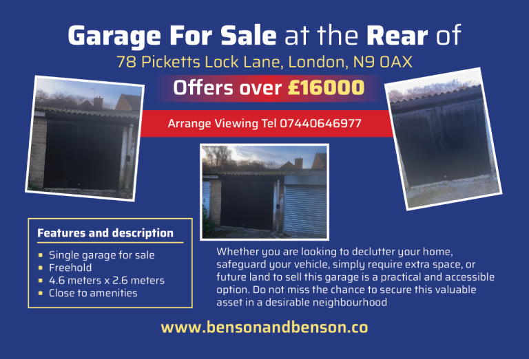 Offers over £16000 Garage For Sale at the Rear of, 78 Picketts Lock Lane, London, N9 0AX