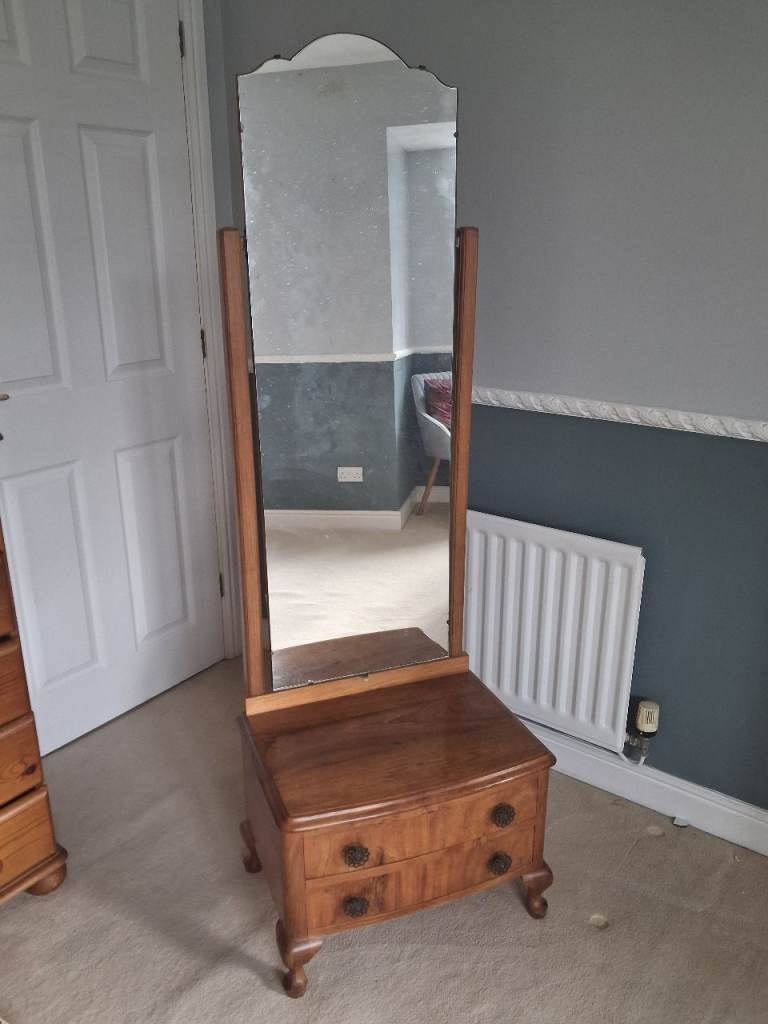 Antique Wooden Chevalier Style Mirror With Drawer