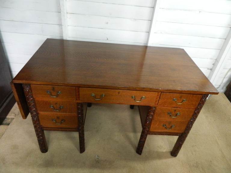 image for Solid Oak Heavily Carved Pedestal desk