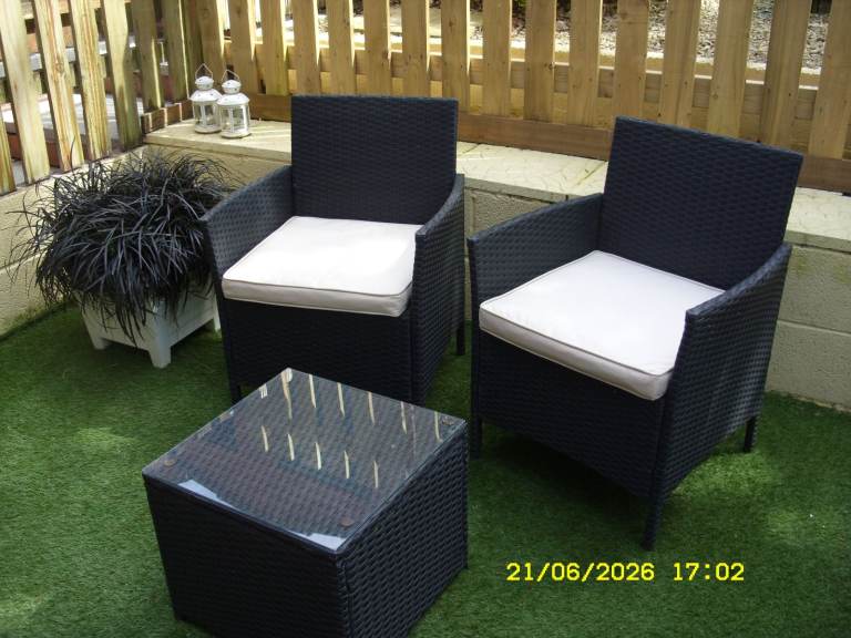 Black Rattan Garden Set - 2 Chairs & Coffee Table