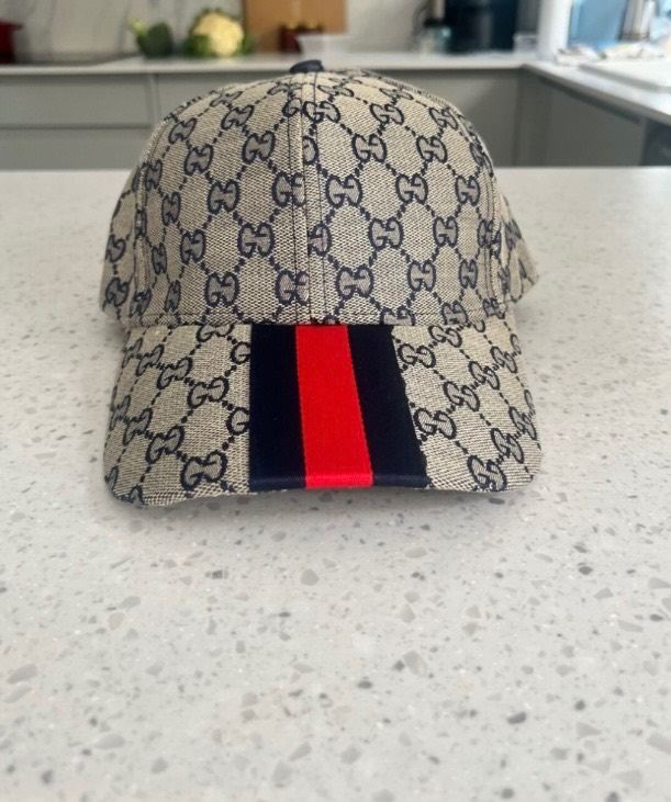 GUCCI Monogram Baseball Cap – Beige with Red/Blue Stripe