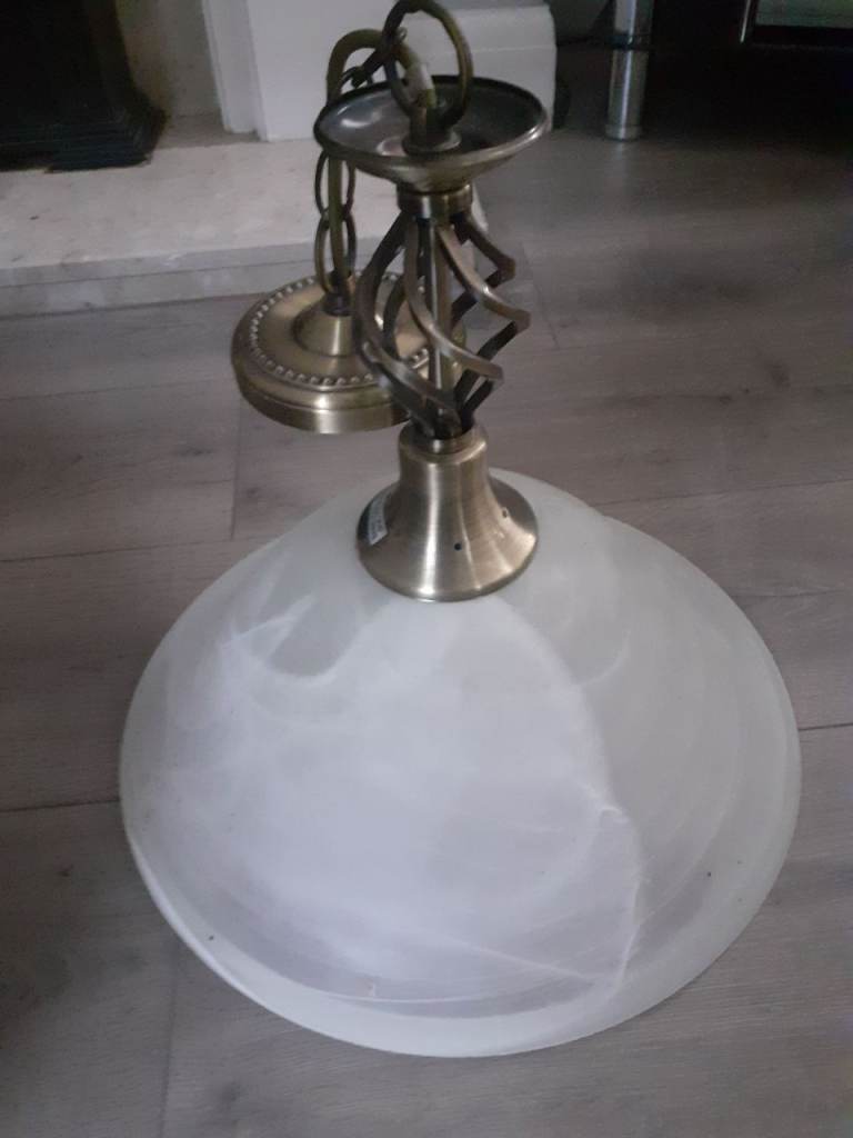 Ceiling Light Fitting - White Glass Shade, Brass Tone
