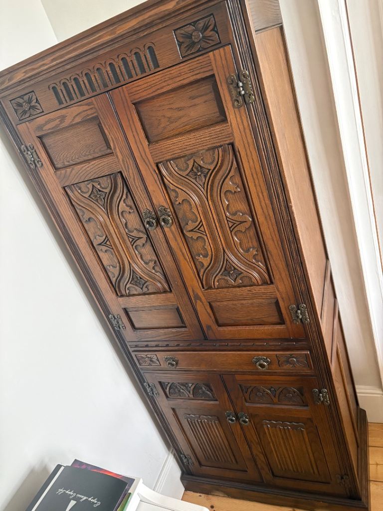 “Old Charm” Carved Wooden Drinks Cabinet with Wine Rack – Fair Condition
