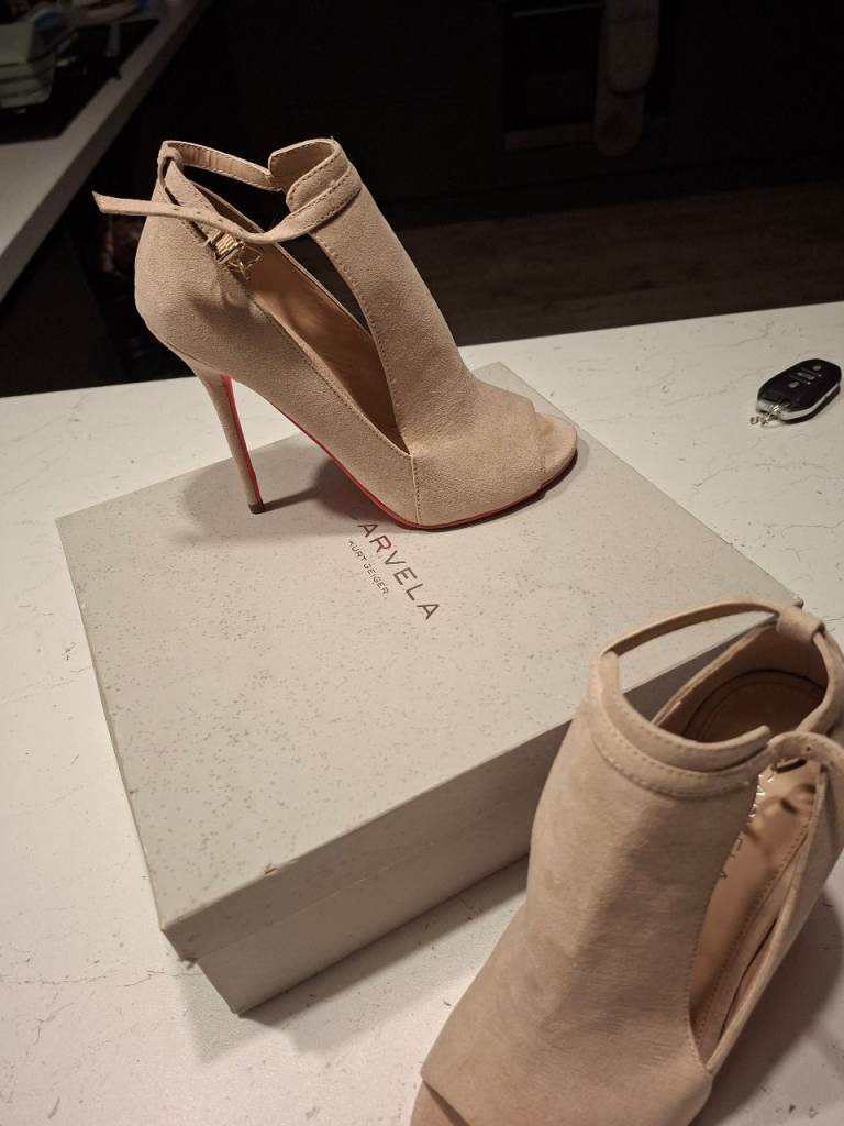 Carvela Suede Peep Toe Ankle Boots - Beige, Size 38