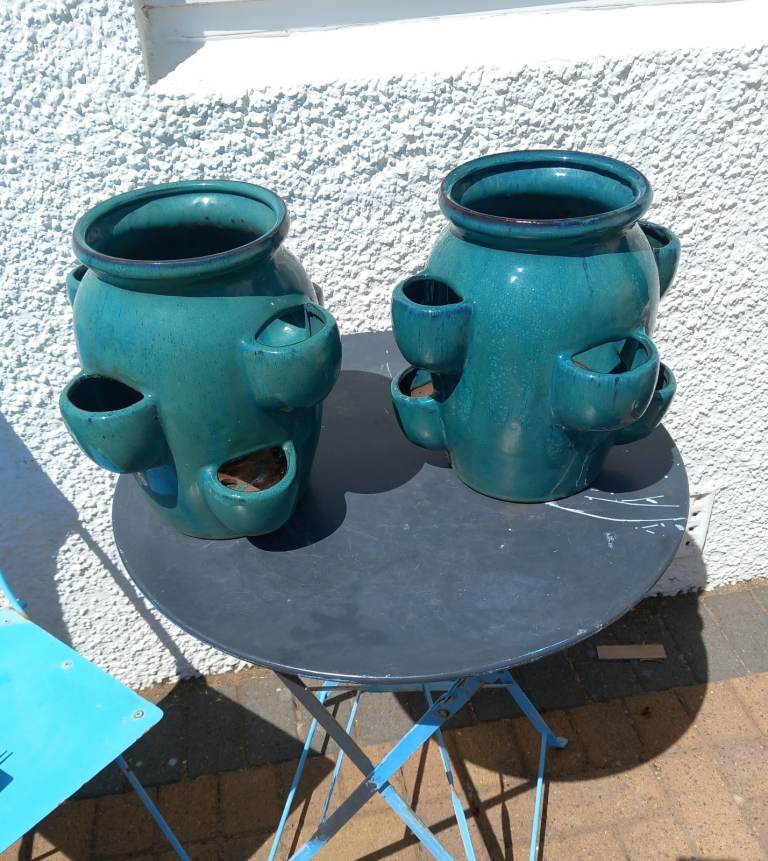 Two ceramic glazed Strawberry planters