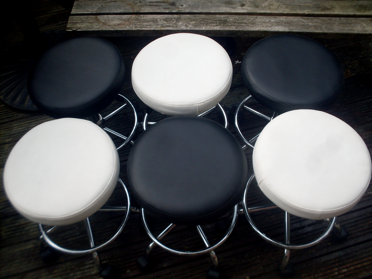 FOR SKA THEMED PUB SHEDS: 14 BLACK & WHITE SHORT LEATHER STOOLS - HOME BARS, MAN OR WOMAN CAVE