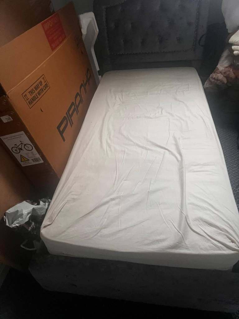 Single Bed with Grey Fabric Base and Headboard – Good Condition