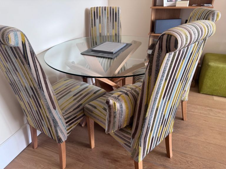 Glass and Oak Dining Table with 4 John Lewis  Upholstered Chairs