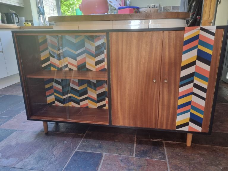 Retro Wooden Sideboard with Patterned Glass Cabinet Doors