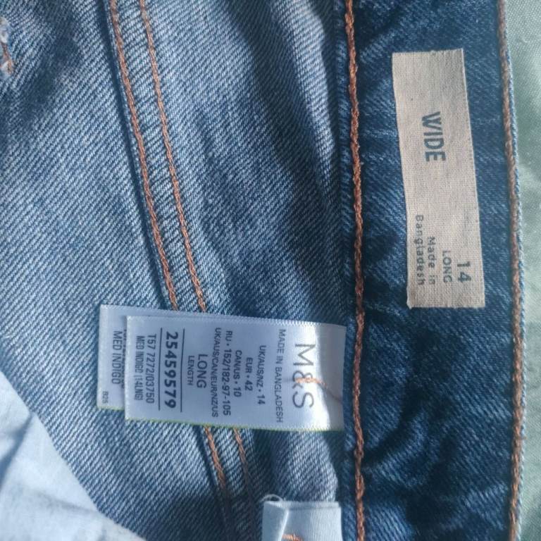 M&S Wide Leg Denim Jeans Size 14 Long Trousers 
