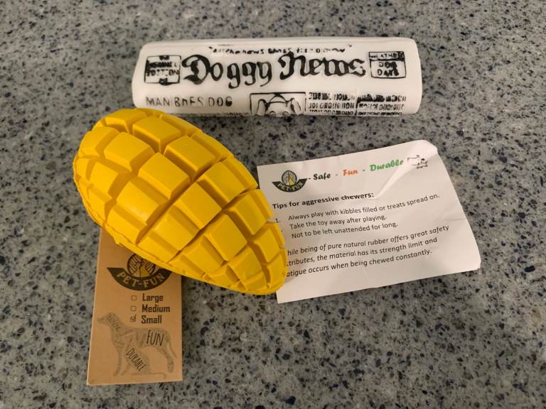 2 x New Unused Dog Toys - Squeaky Newspaper & Treat/Kibble Cone
