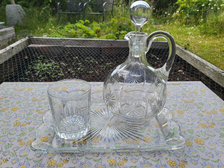 Ornate Glass decanter, tray and glass set