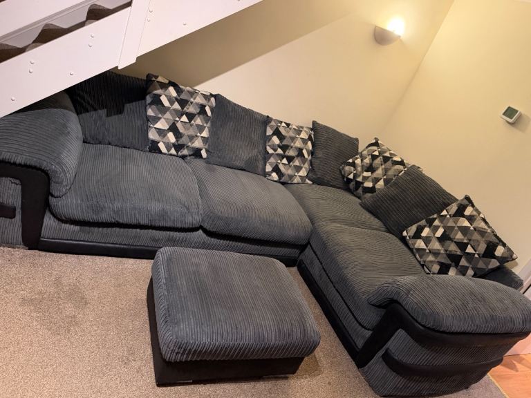 Large Grey Corner Sofa with Footstool – Good Condition