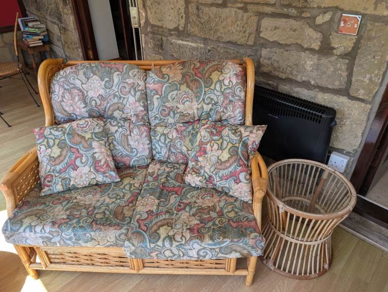 Lovely Rattan Conservatory Sofa and Two Armchairs with Cushions