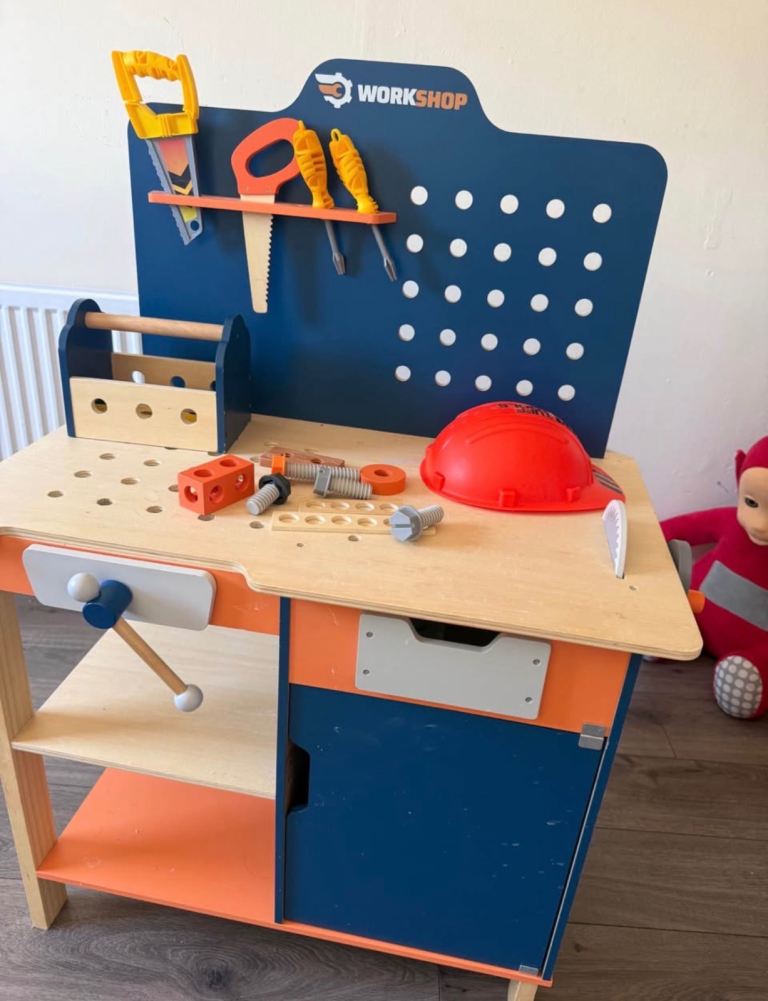 Kids Wooden Toy Workbench with Tools and Helmet
