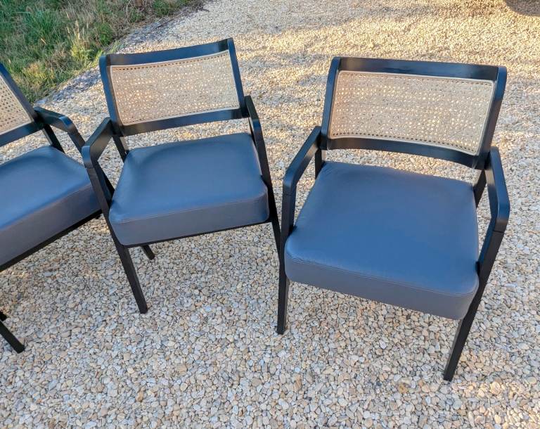 Pair Rattan Back Black Carver Dining Chairs - Occasional Armchairs Cafe Chairs