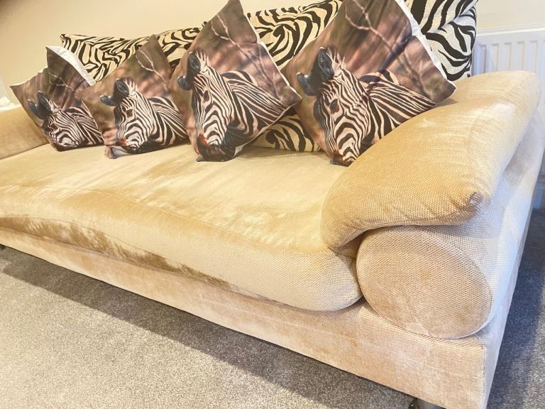 Beige Velvet Sofa and Matching Love Seat - Good Condition