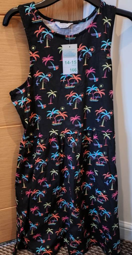 BNWT Girls Black With Colourful Palm Trees Summer / Beach Dress 14-15 Years