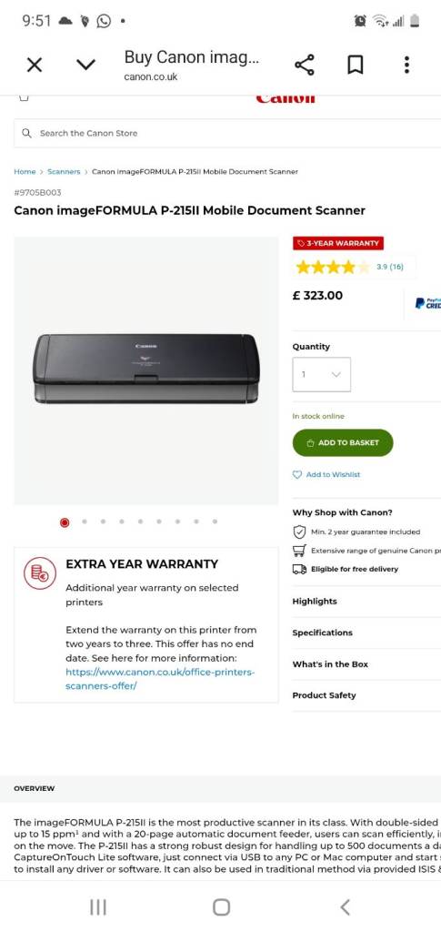 Canon imageFORMULA P-215II Mobile Document Scanner,  full duplex Refur